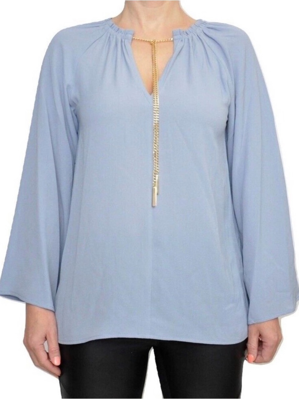 Michael Kors Light Blue Long Sleeve Blouse with Gold Chain
